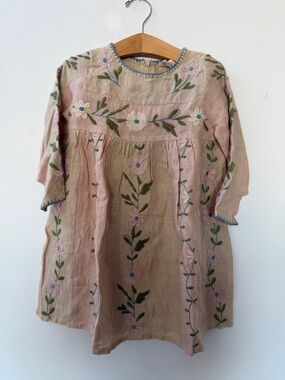 Apolina Pascale Embroidered Floral Linen Dress in Dusty Pink